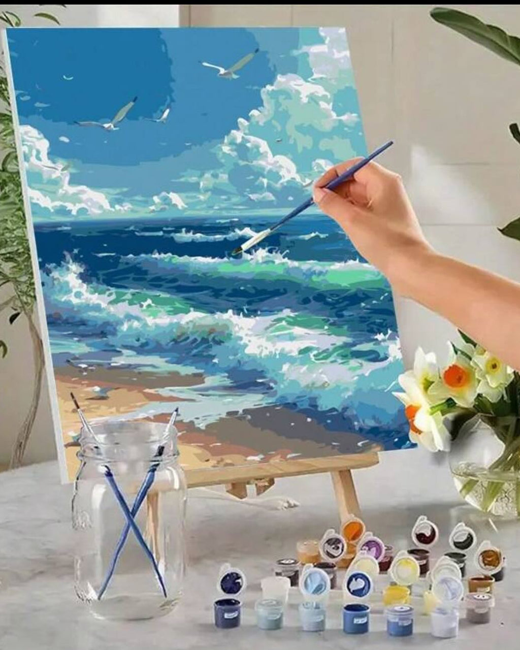 Ocean Waves on Beach, framed paint-by-numbers canvas