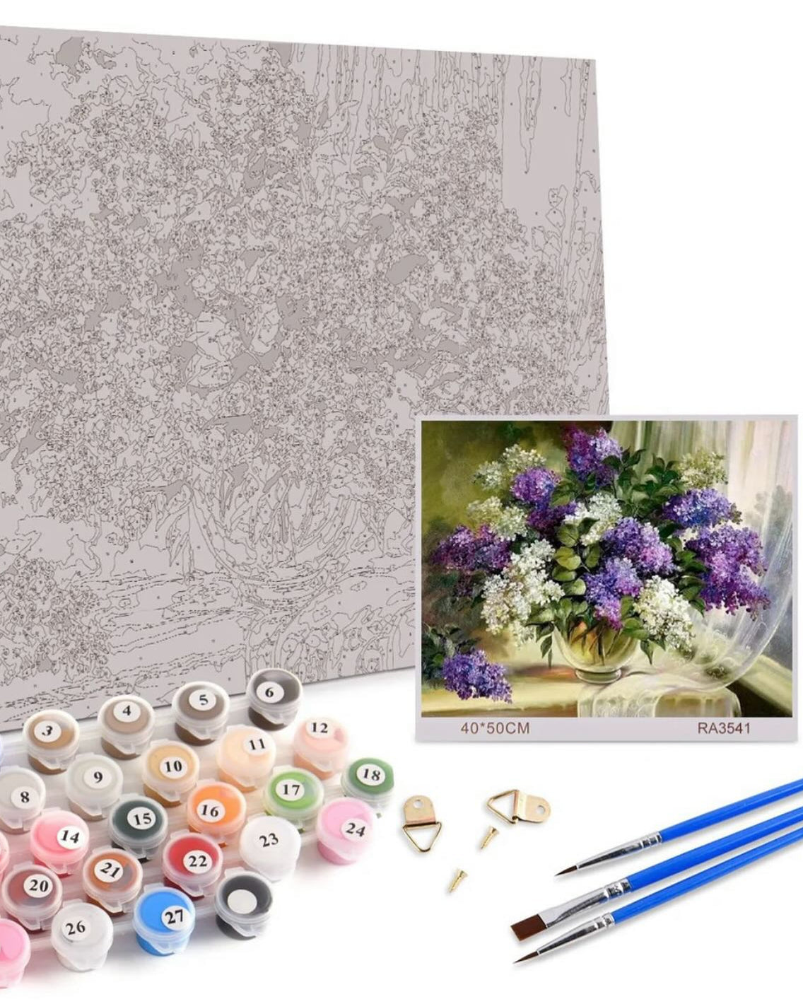 Lilac Bouquet in Vase, framed paint-by-numbers canvas