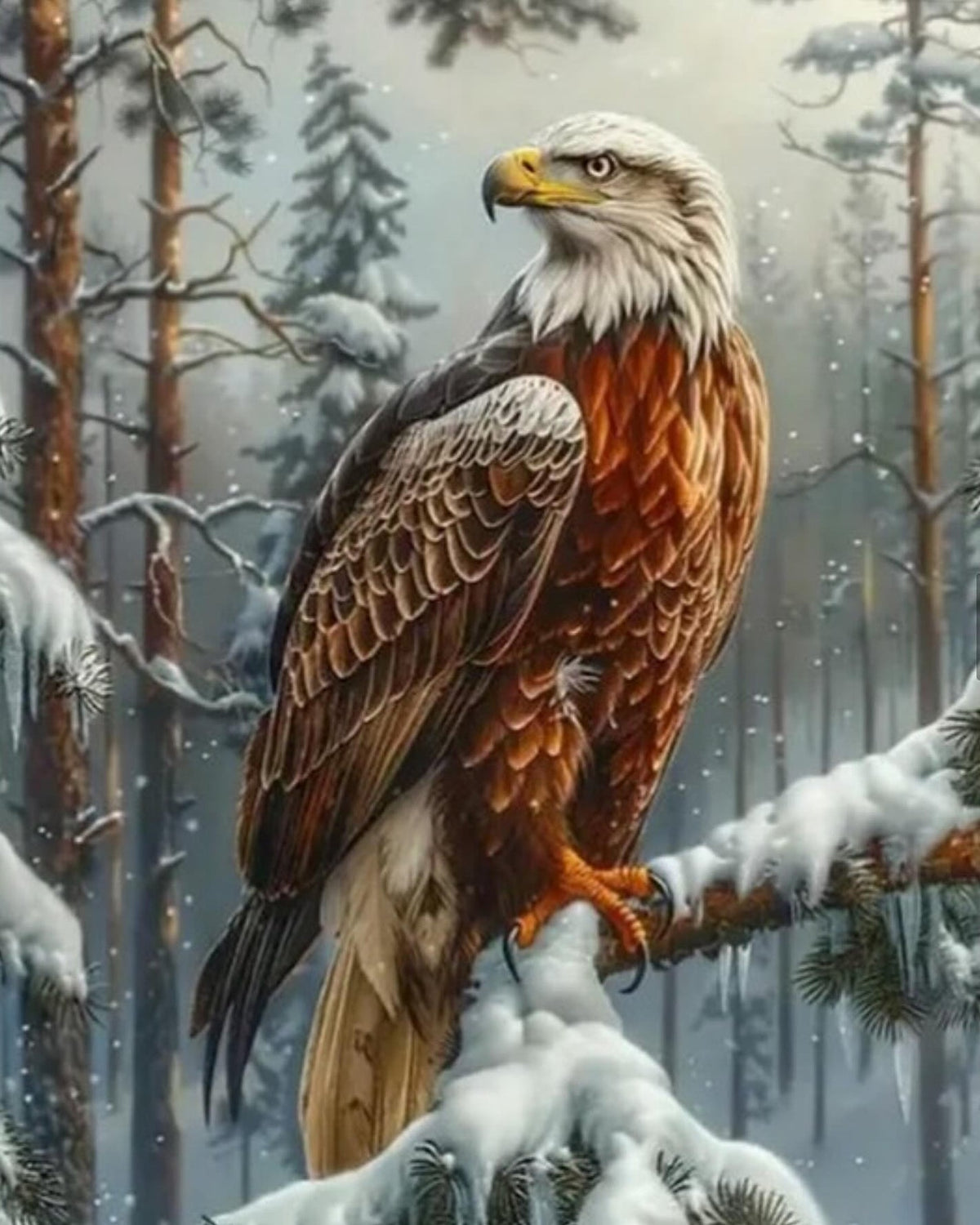 Bald Eagle in Snowy Forest, framed paint-by-numbers canvas