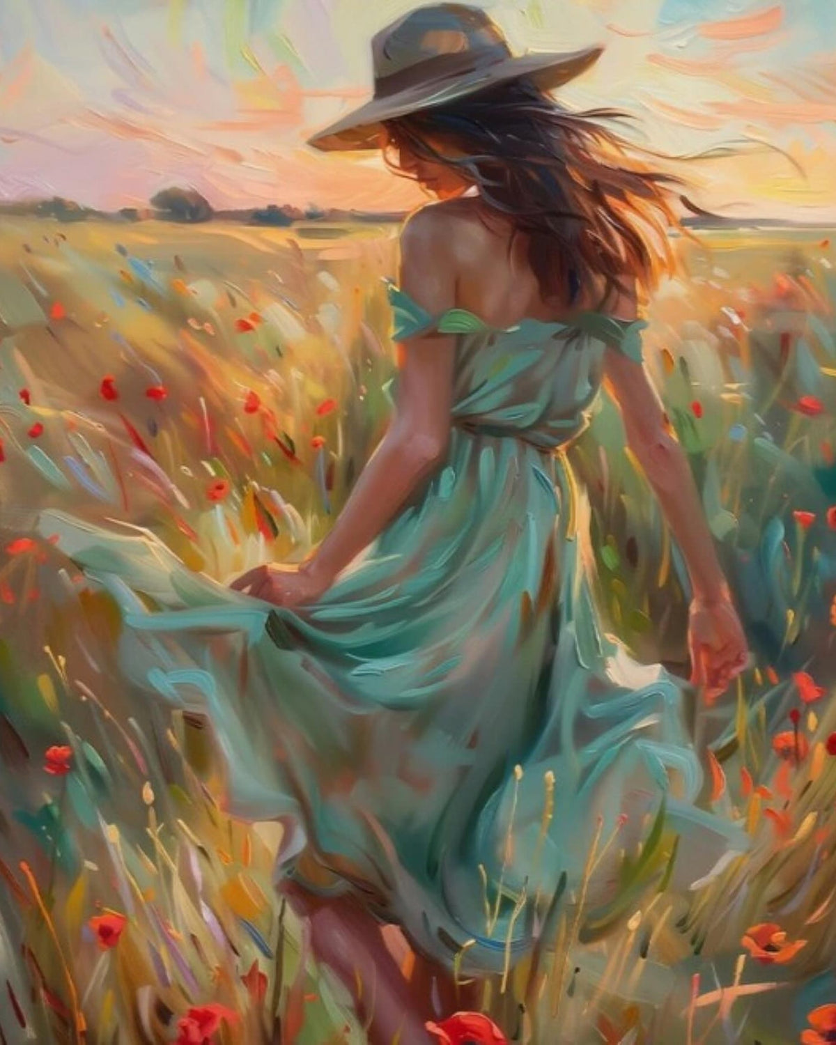 Girl in Wildflower Field, framed paint-by-numbers canvas