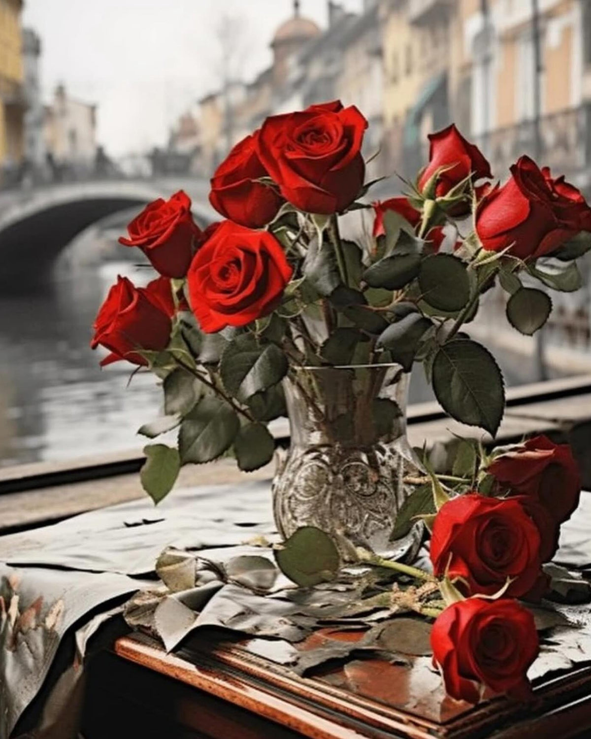Red Roses by the Canal, framed paint-by-numbers canvas