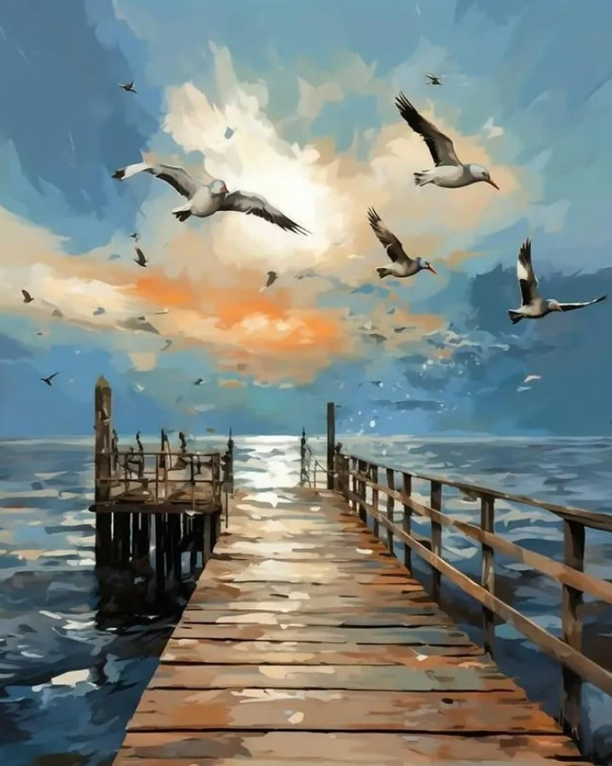 Seagulls Over a Pier, framed paint-by-numbers canvas