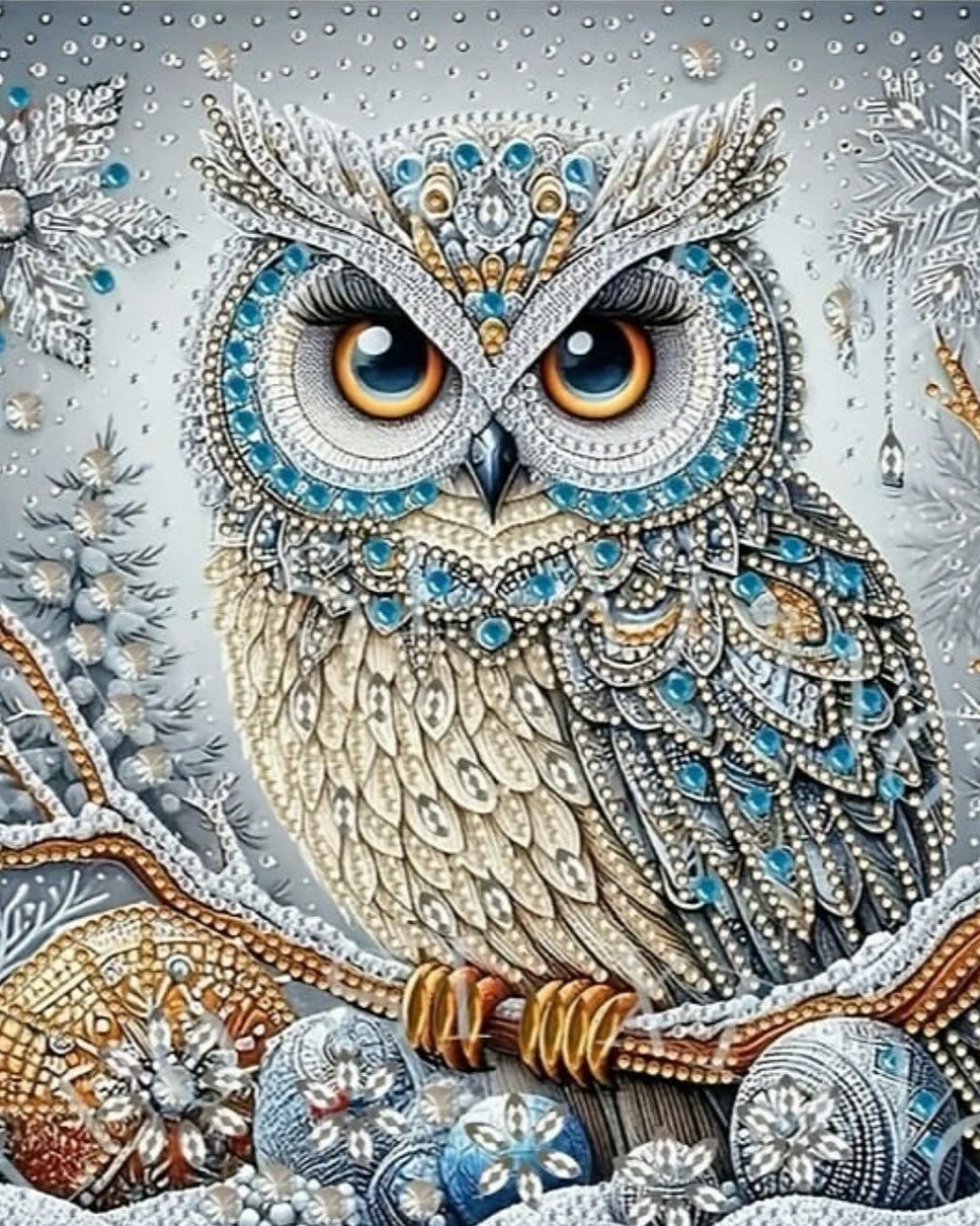 Jeweled Winter Owl, framed paint-by-numbers canvas