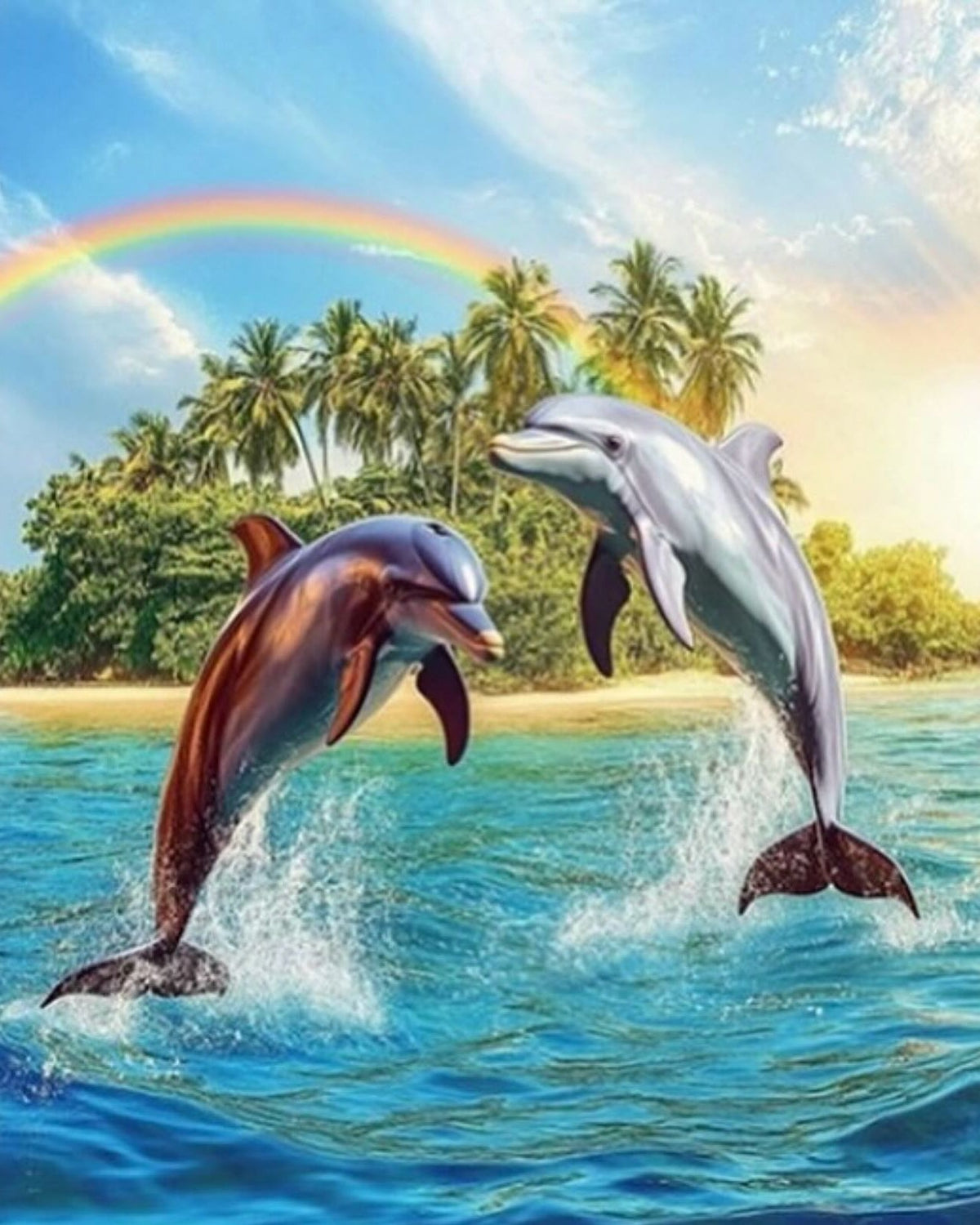 Dolphins and Rainbow, framed paint-by-numbers canvas