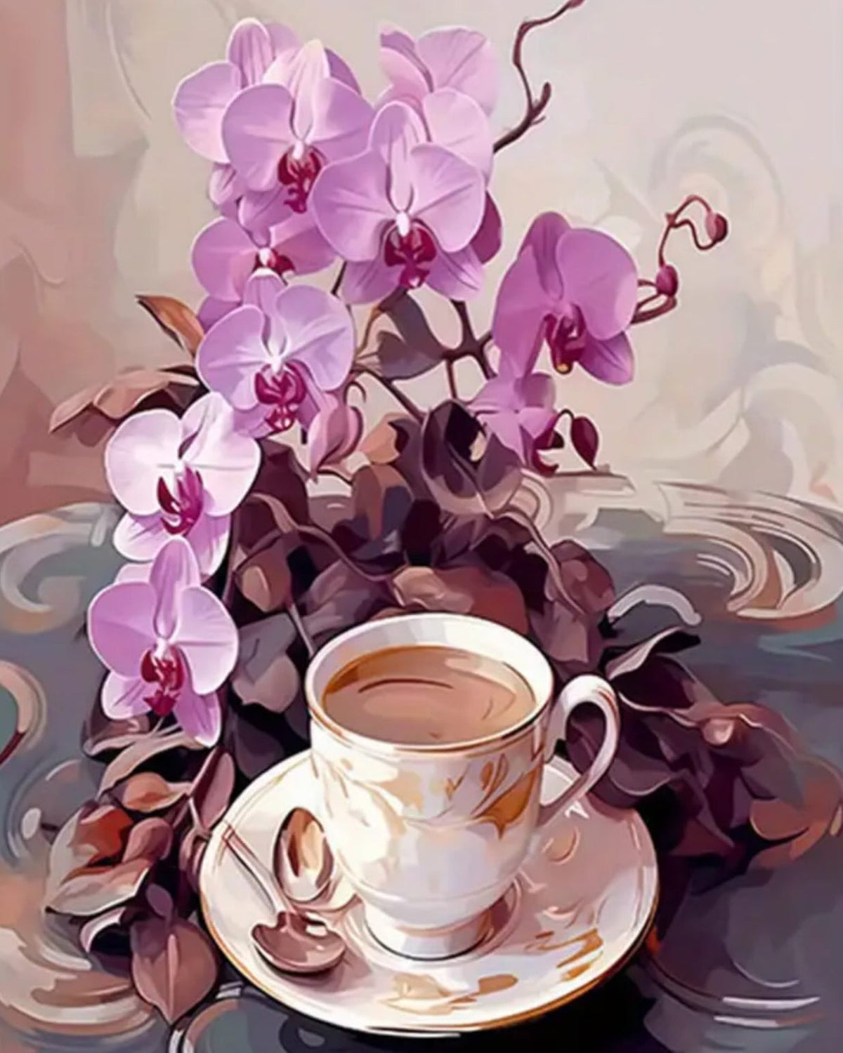 Orchids and Coffee, framed paint-by-numbers canvas