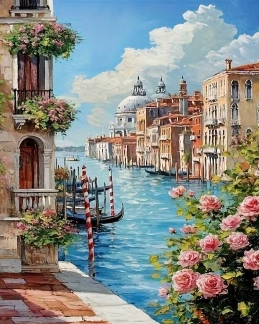 Venice Canal and Roses, framed paint-by-numbers canvas