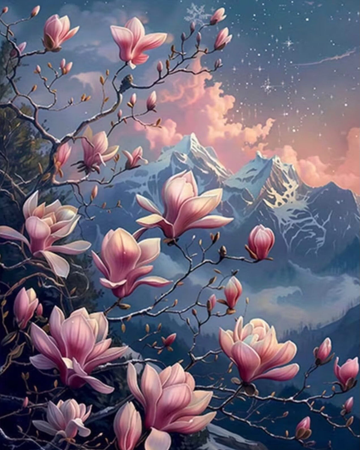 Magnolias and Mountains, framed paint-by-numbers canvas
