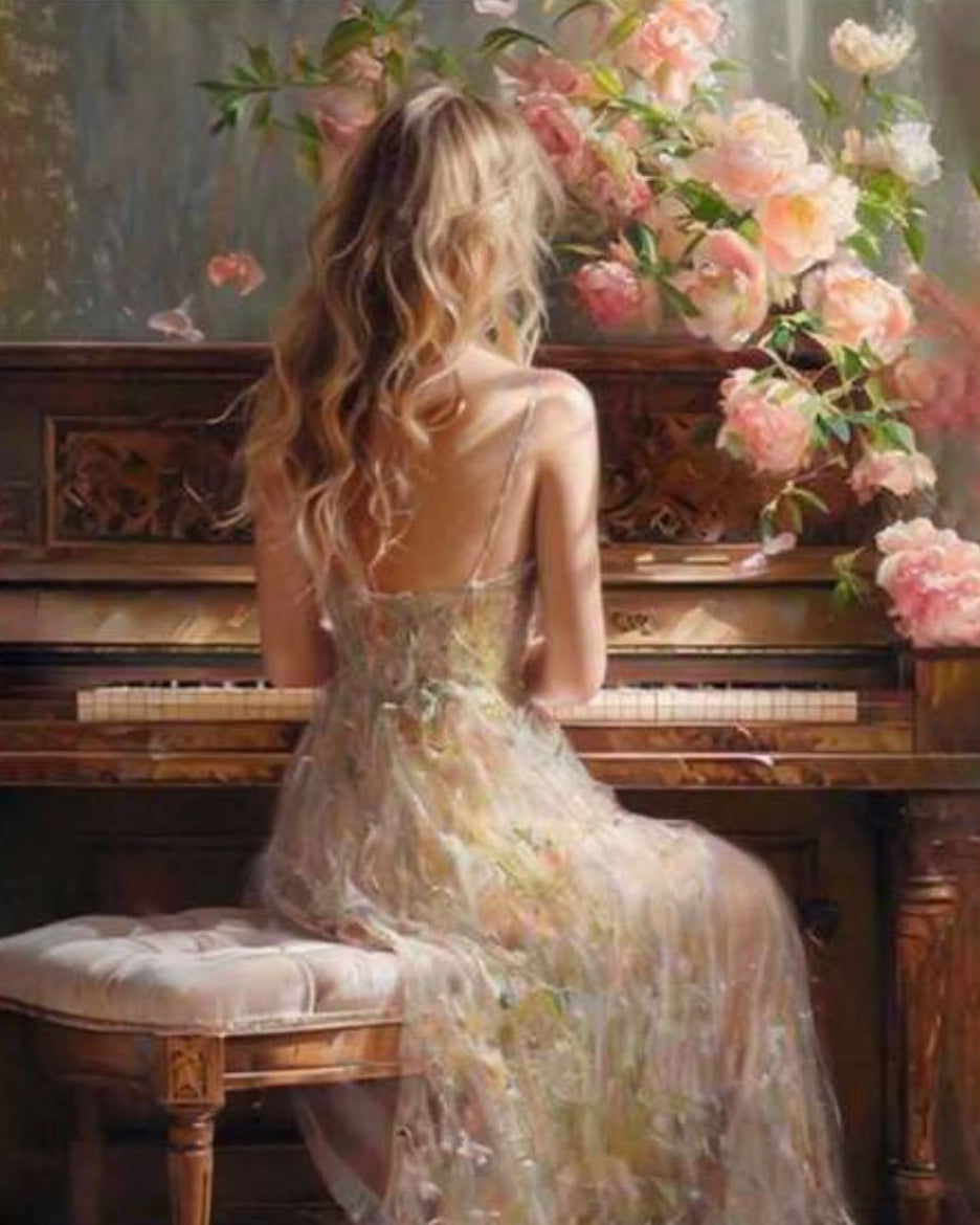 Woman at the Piano with Roses, framed paint-by-numbers canvas
