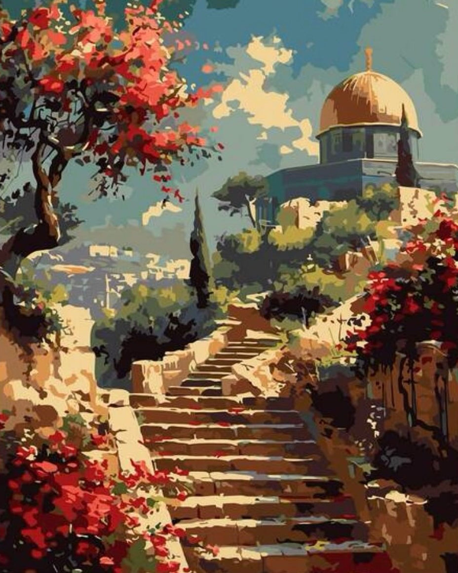 Dome of the Rock Stairs, framed paint-by-numbers canvas