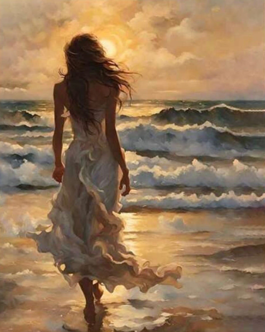 Woman by the Sea at Sunset, framed paint-by-numbers canvas