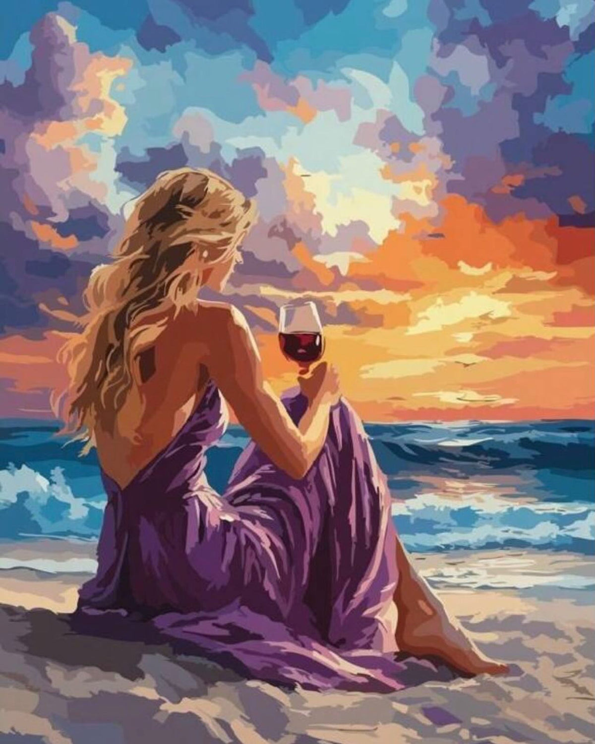 Woman with Wine at Sunset, framed paint-by-numbers canvas
