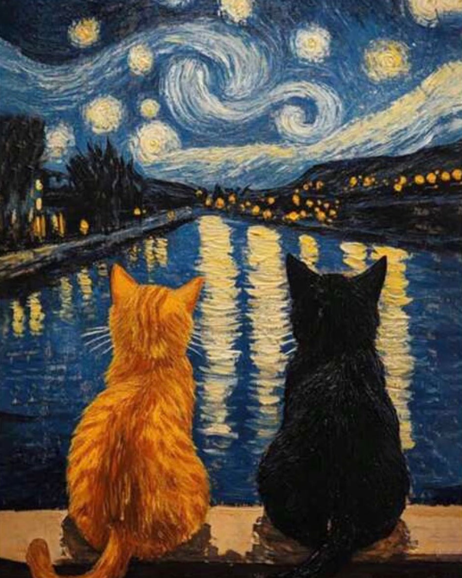 Cats Watching Starry Night, framed paint-by-numbers canvas