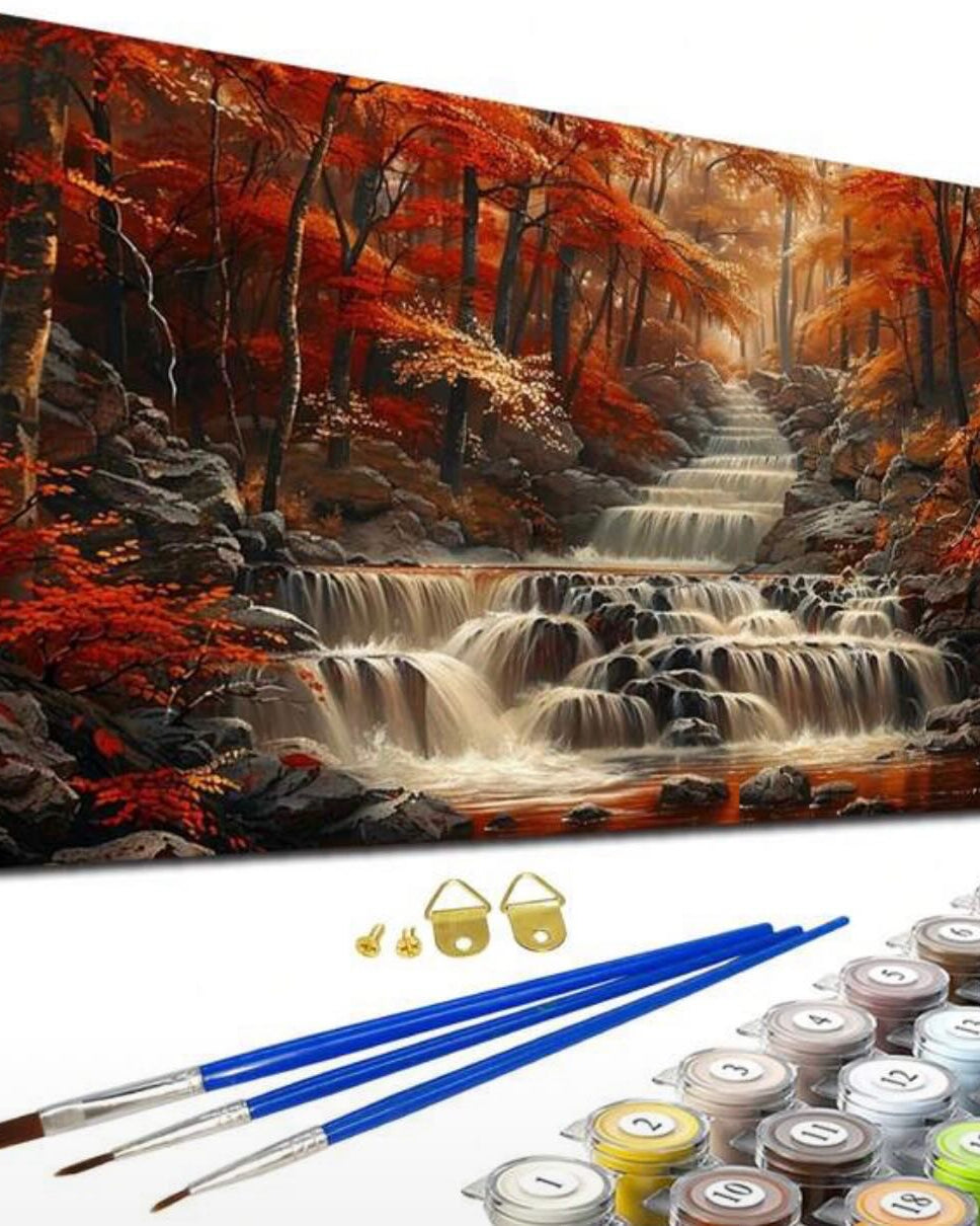Autumn Forest Waterfall, framed paint-by-numbers canvas