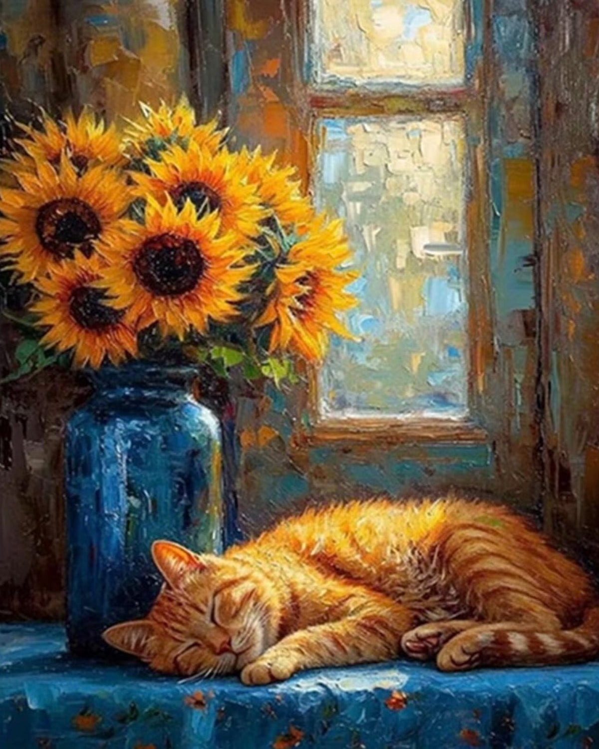 Cat Sleeping by Sunflowers, framed paint-by-numbers canvas