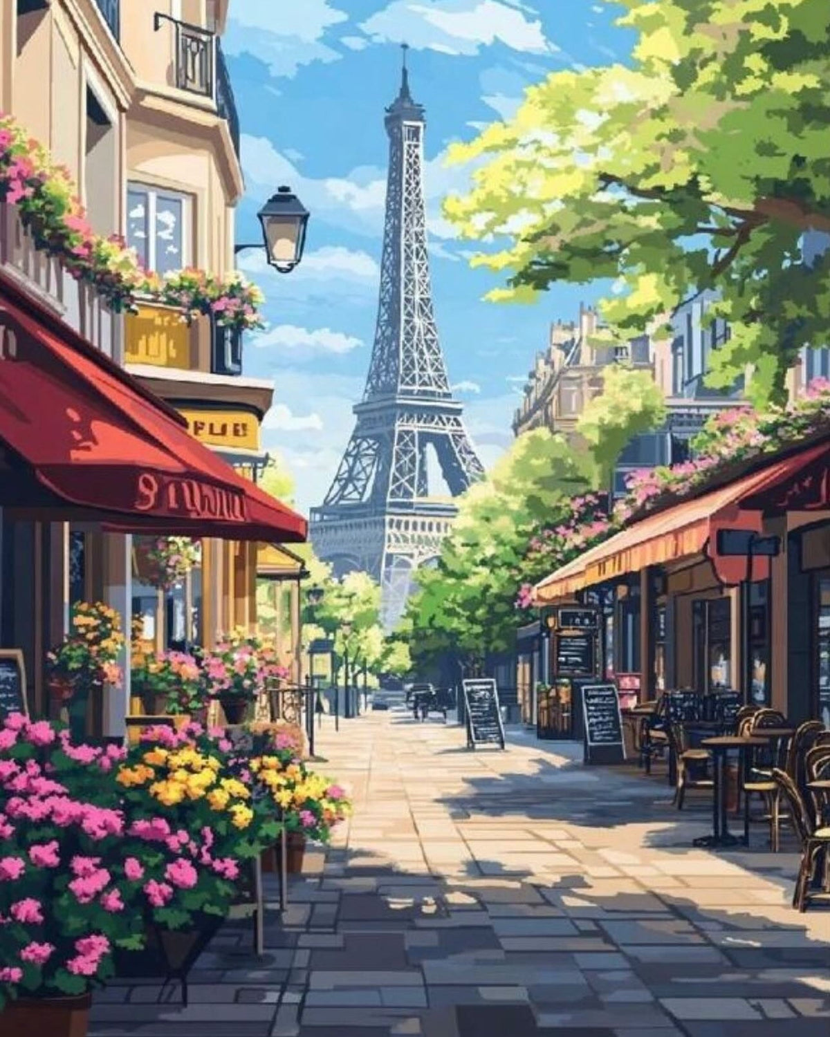 Paris Street Cafe and Eiffel, framed paint-by-numbers canvas