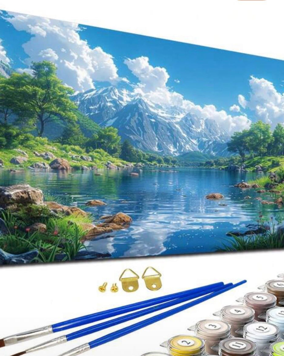 Mountain Lake Reflection, framed paint-by-numbers canvas