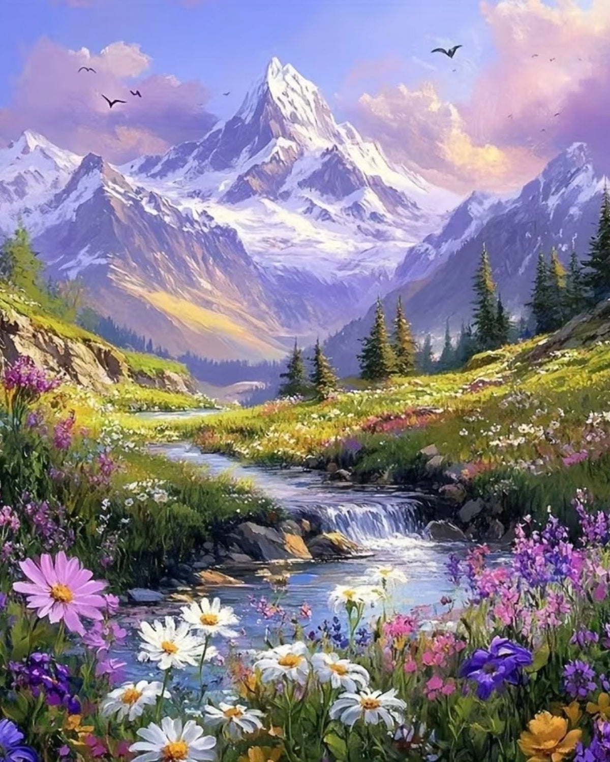 Mountain Stream Wildflowers, framed paint-by-numbers canvas