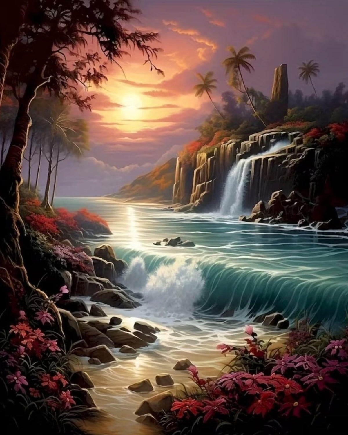 Tropical Waterfall Sunset, framed paint-by-numbers canvas