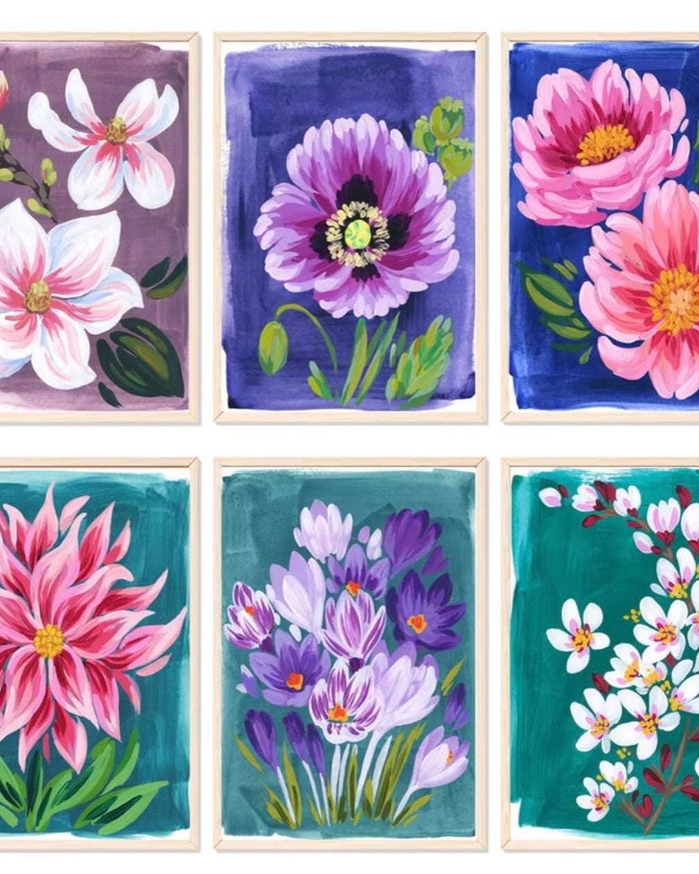 Painted Flowers Set, framed paint-by-numbers canvas