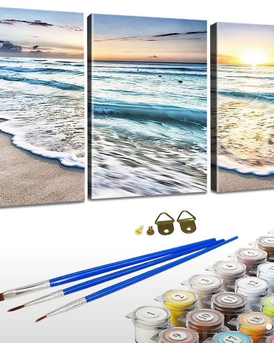 Beach Sunrise Triptych, framed paint-by-numbers canvas