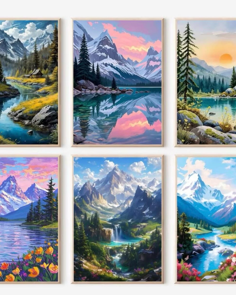 Mountain Landscapes Set, framed paint-by-numbers canvas