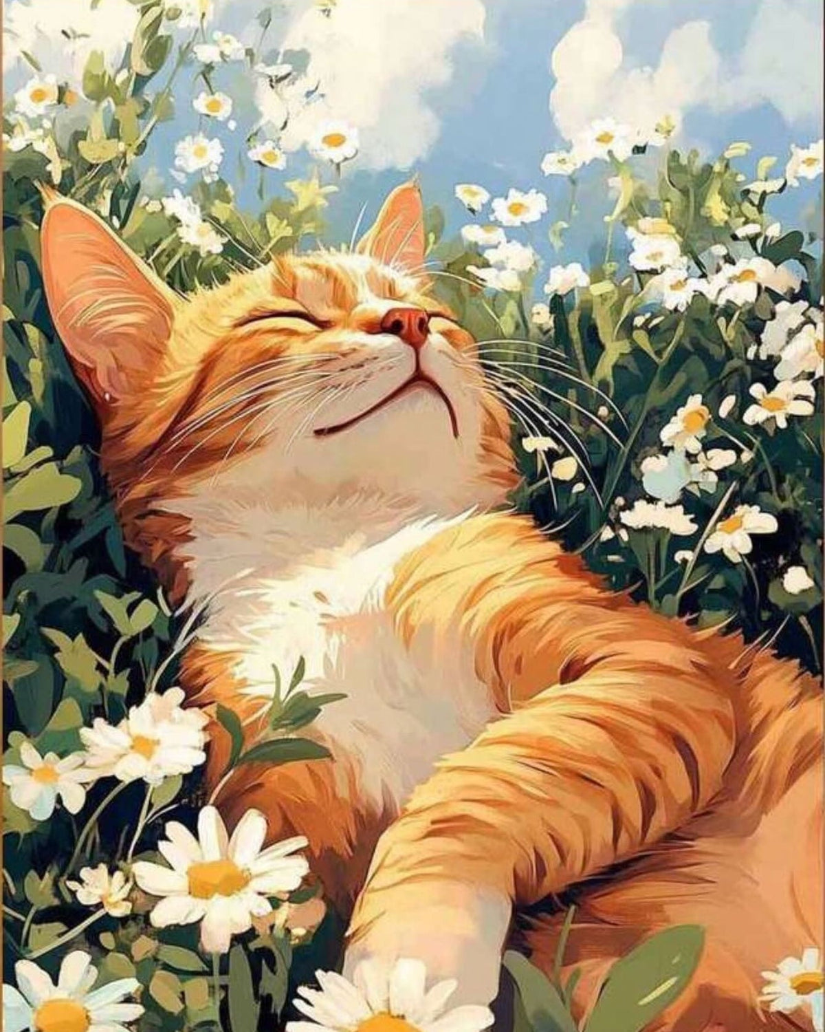 Ginger Cat in Daisies, framed paint-by-numbers canvas