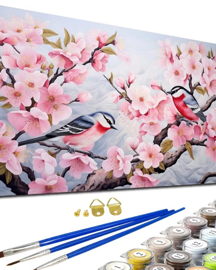 Birds on Cherry Blossom Branch, framed paint-by-numbers canvas