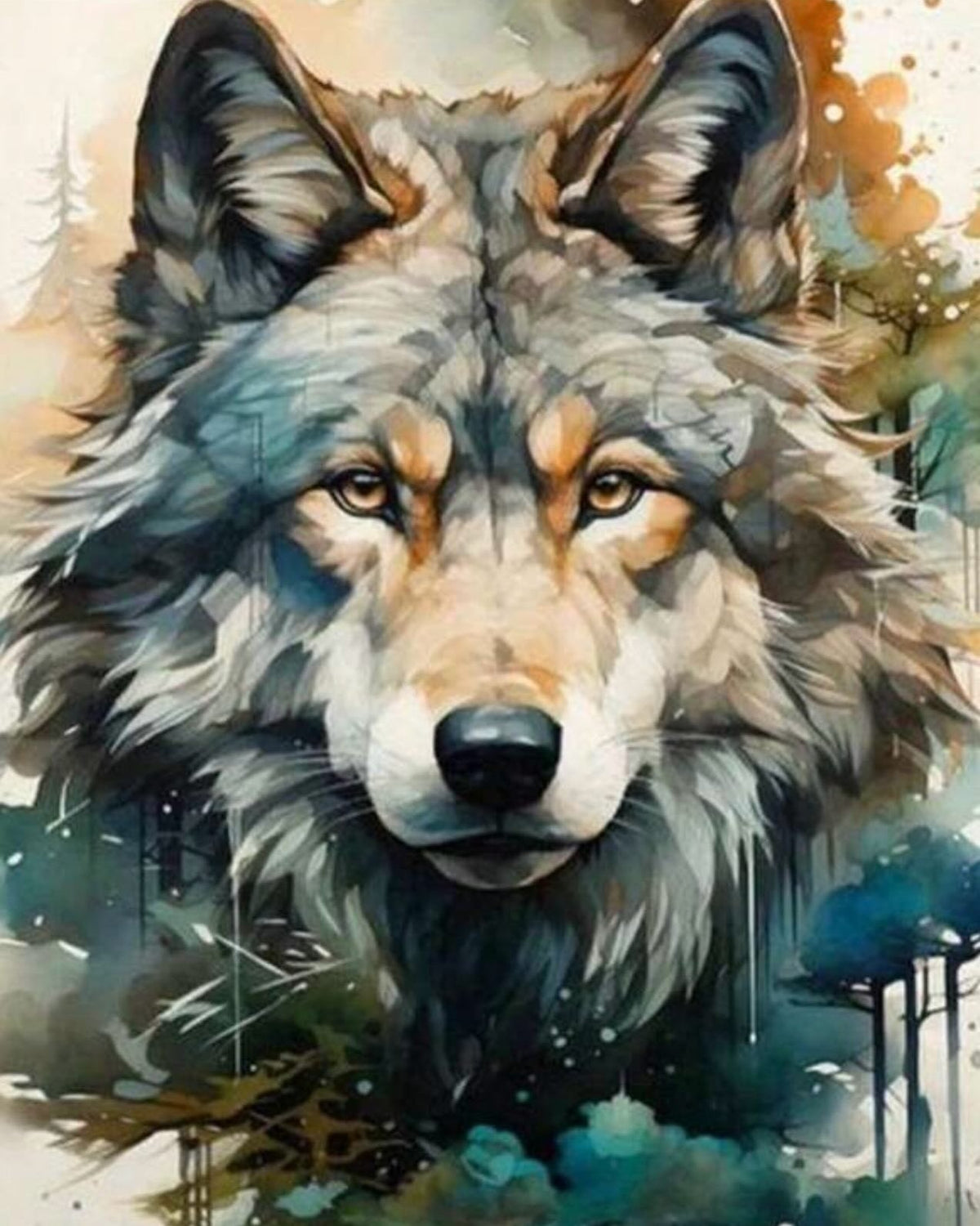 Wolf Watercolor Portrait, framed paint-by-numbers canvas