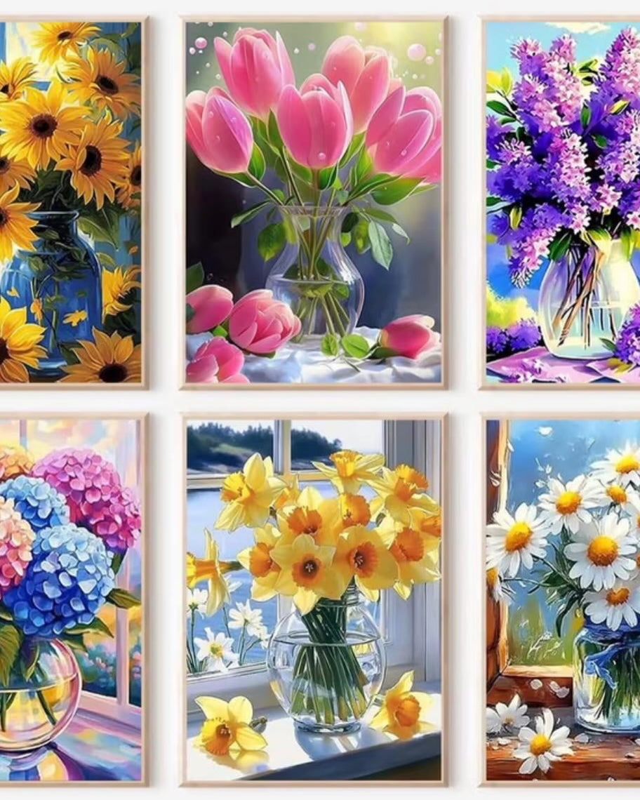 Floral Vases Set, framed paint-by-numbers canvas