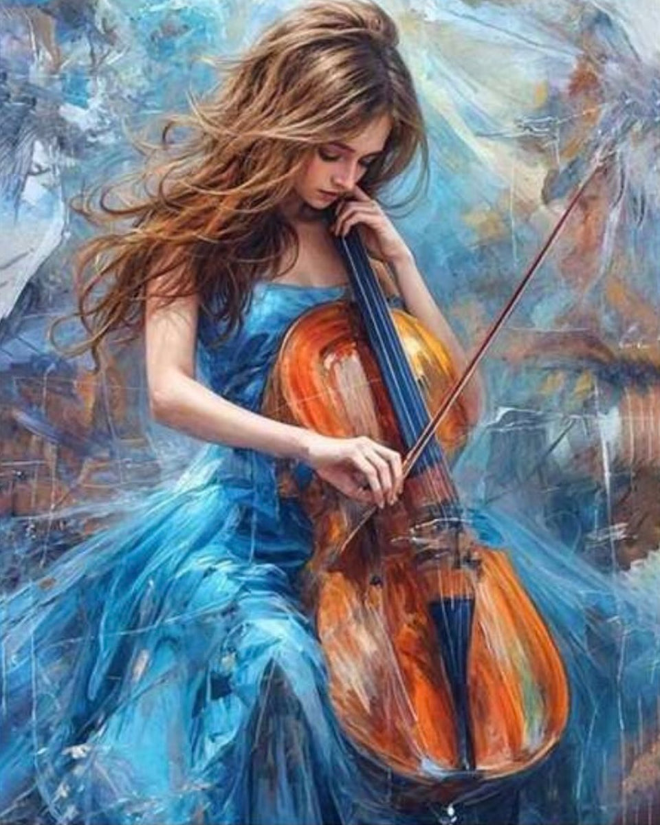 Girl Playing Cello, framed paint-by-numbers canvas