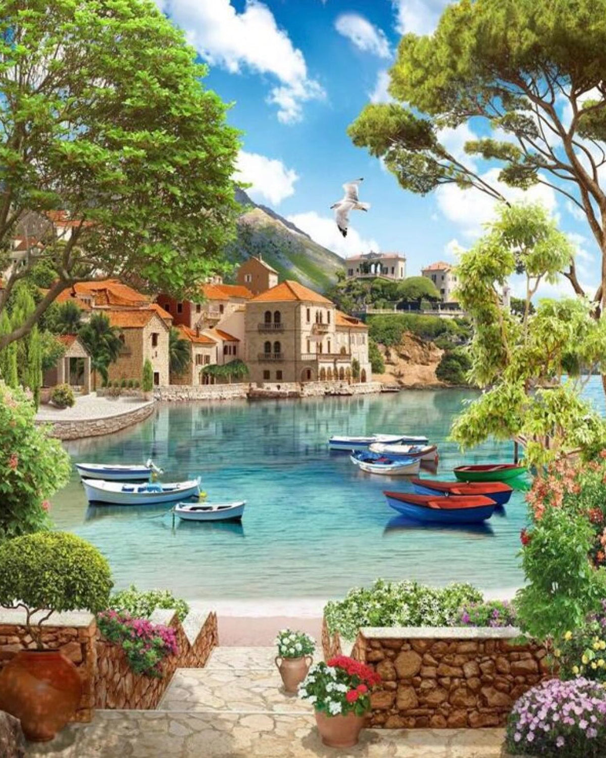 Mediterranean Bay Village, framed paint-by-numbers canvas