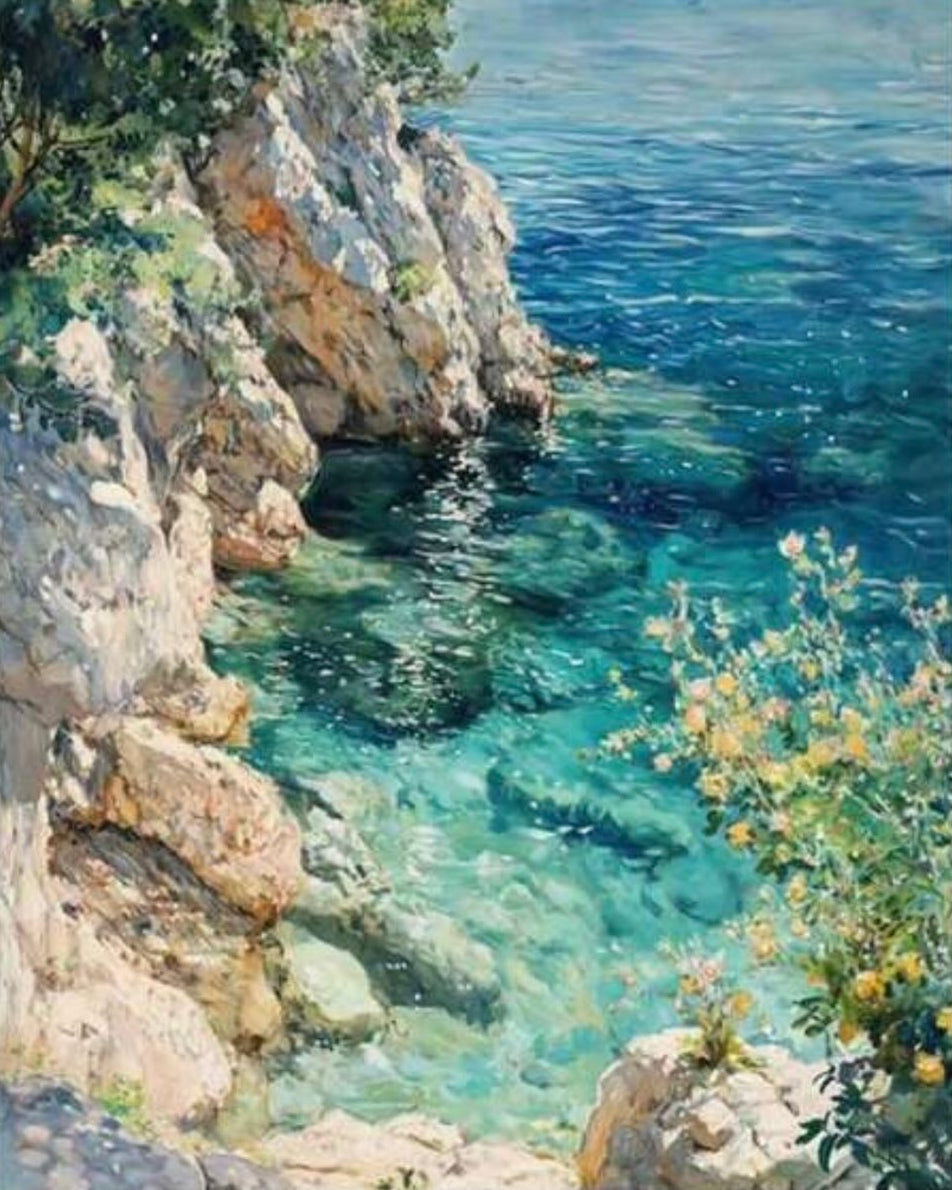 Rocky Sea Cove, framed paint-by-numbers canvas