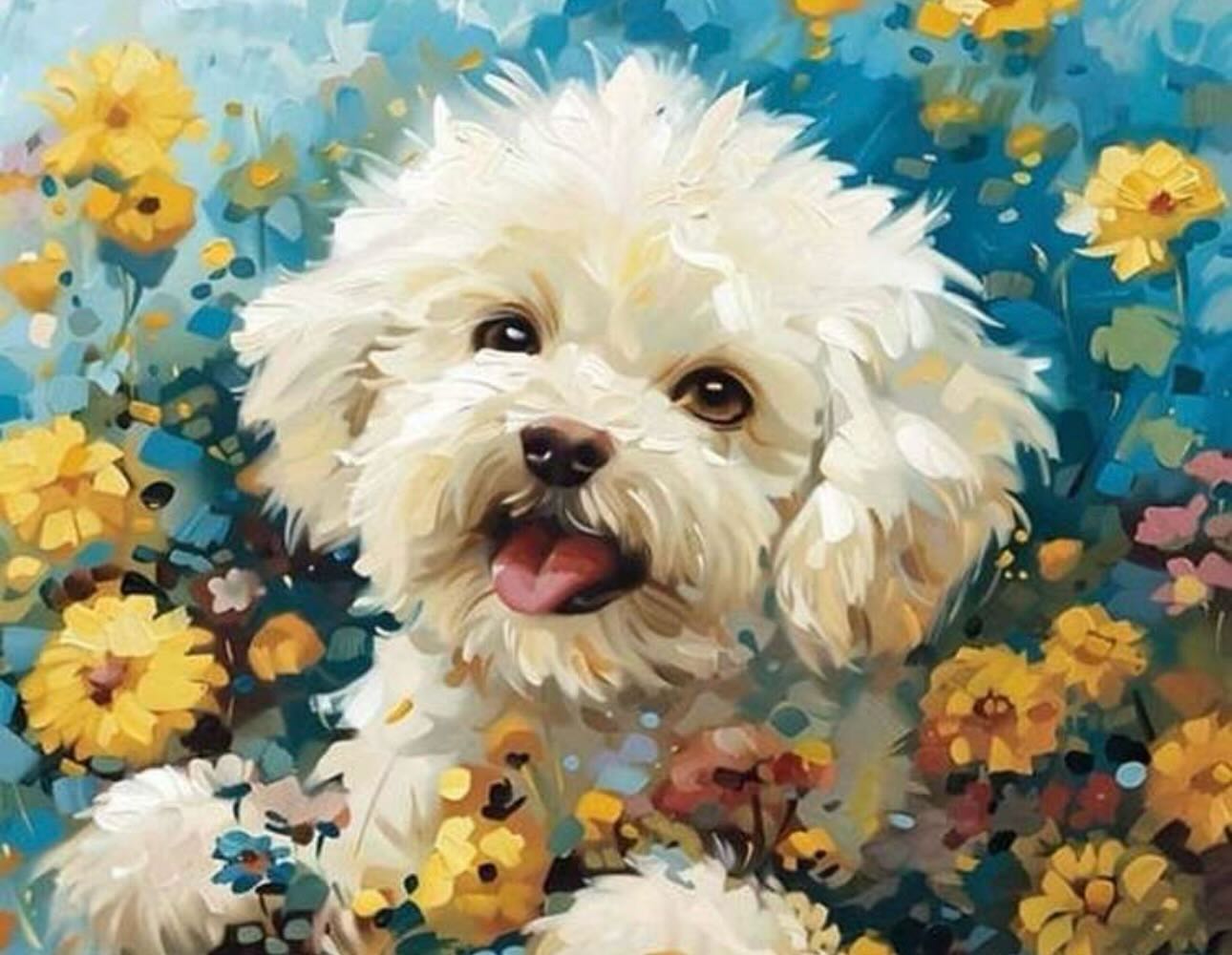 Paint by Numbers Kit — White Puppy in Wildflowers
