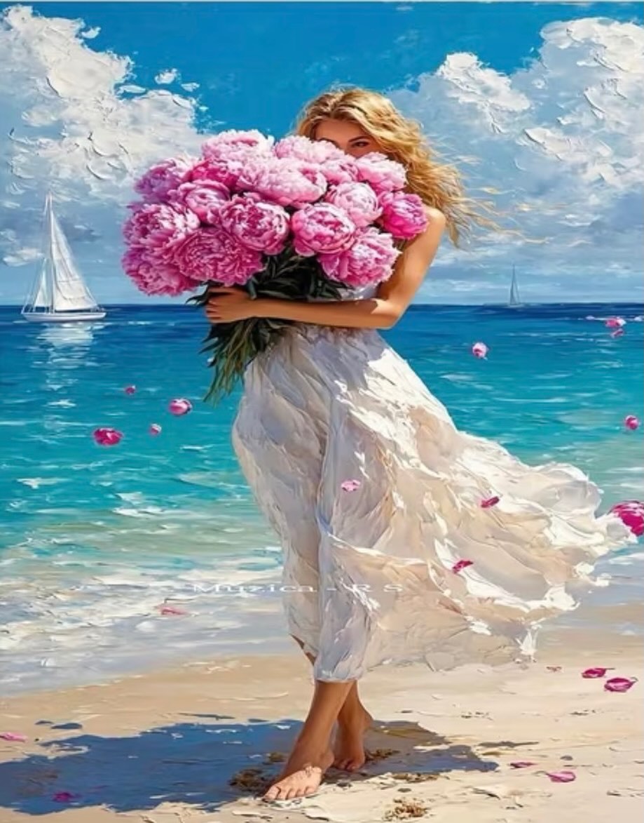 Paint by Numbers Kit — Woman with Peonies on Beach