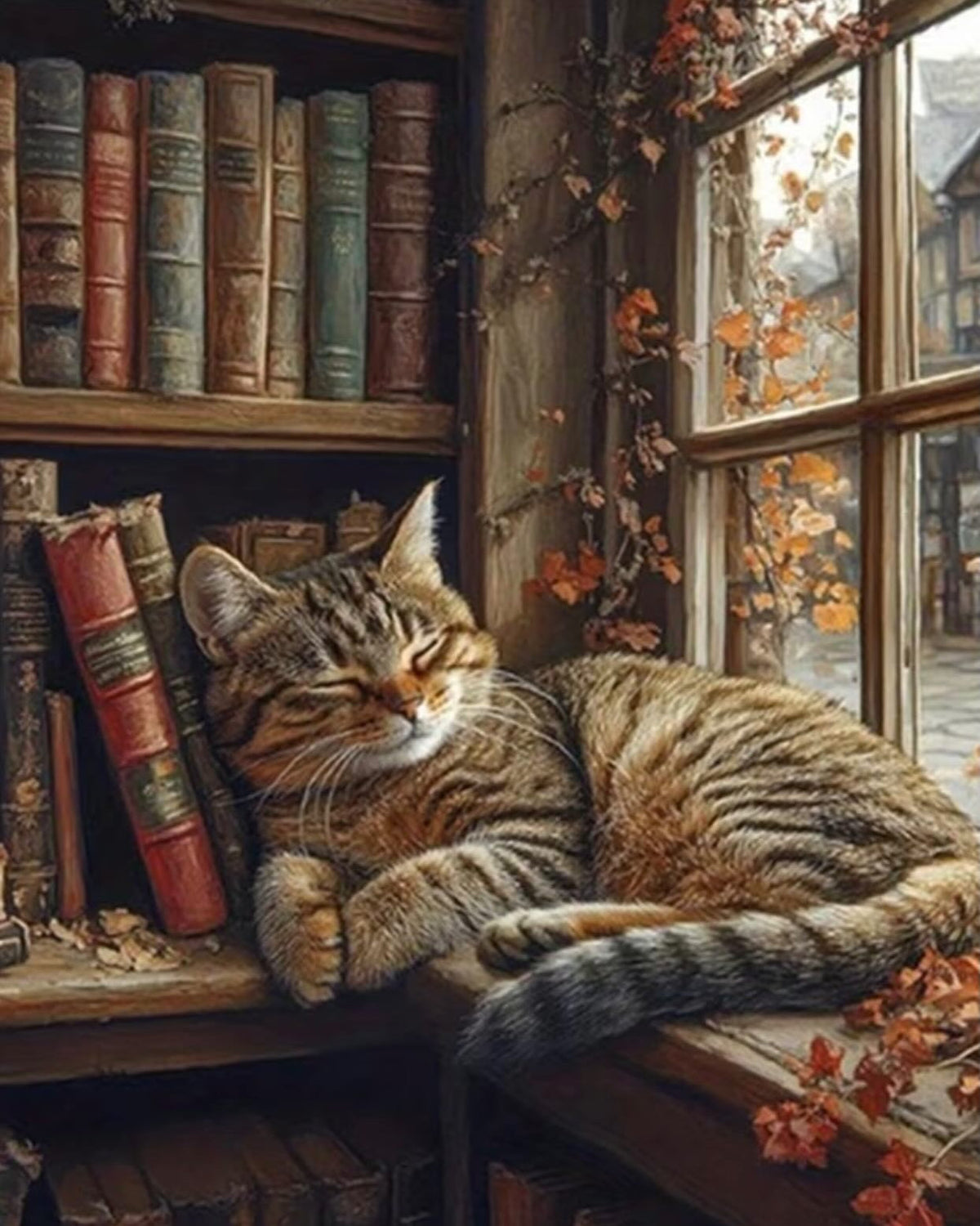 The Library Cat, framed paint-by-numbers canvas