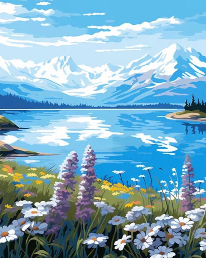 Daisies at the Lake, framed paint-by-numbers canvas