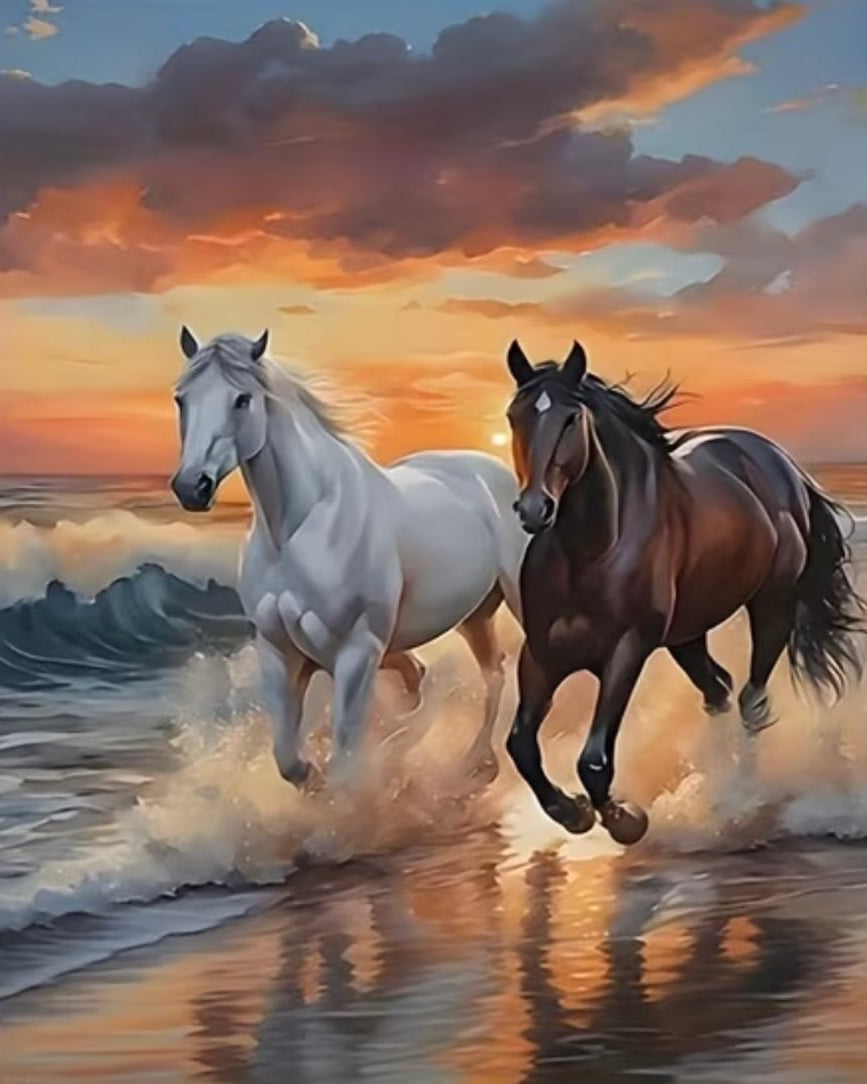 Two Horses, Low Sun, framed paint-by-numbers canvas
