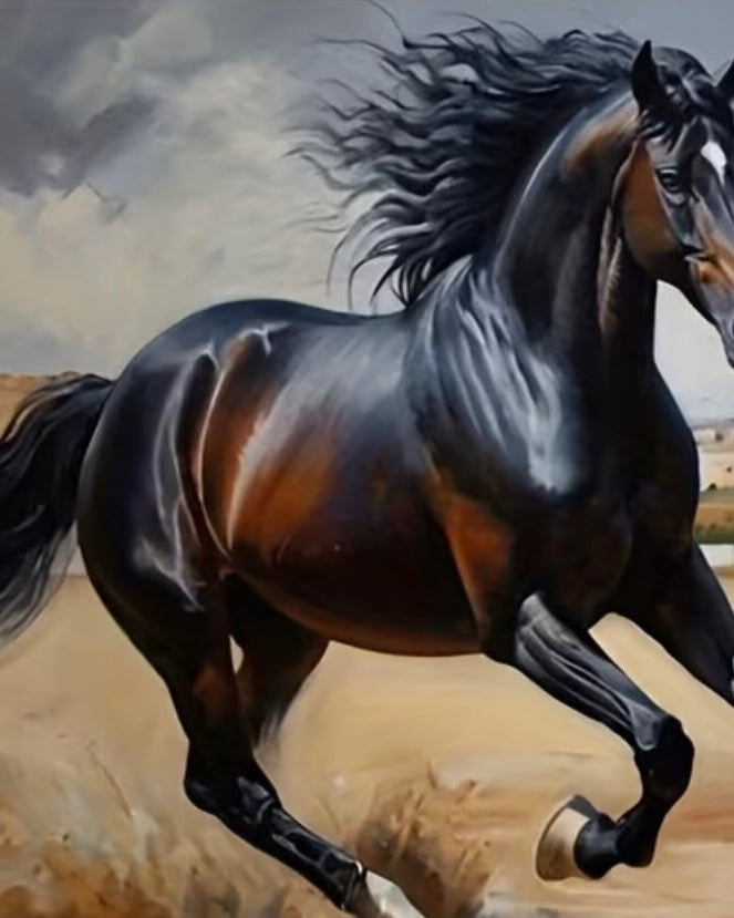 Black Horse, Grey Sky, framed paint-by-numbers canvas