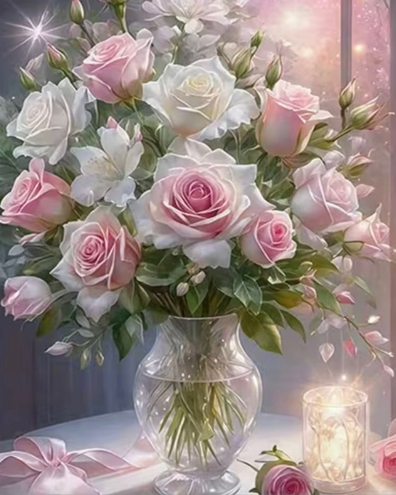 Roses by Candlelight, framed paint-by-numbers canvas