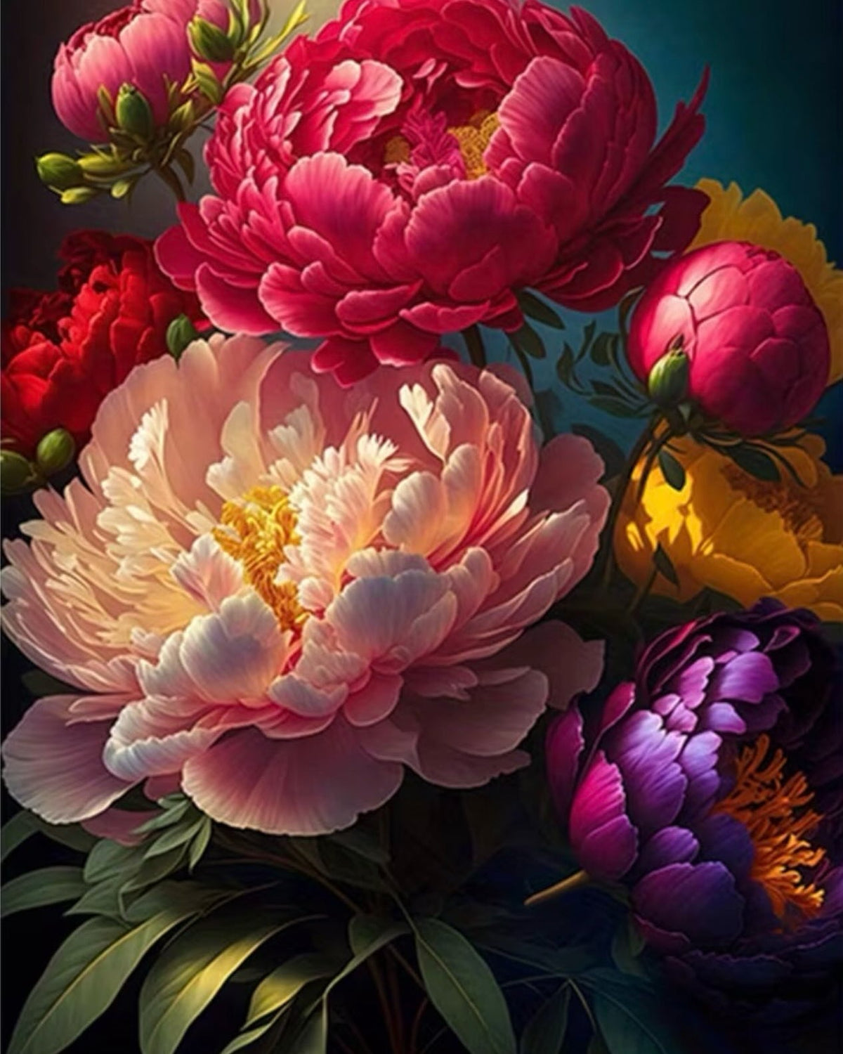 Peonies in the Dark, framed paint-by-numbers canvas