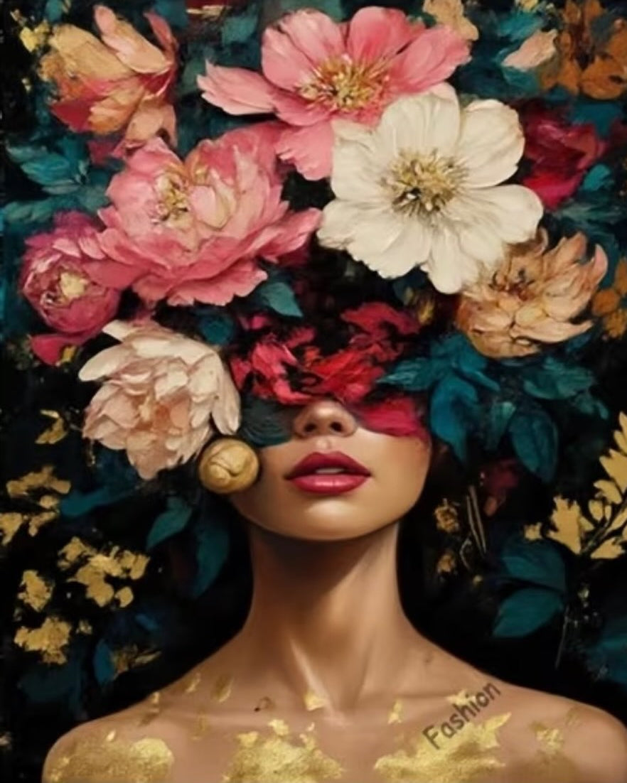 Blooms Over Her Eyes, framed paint-by-numbers canvas