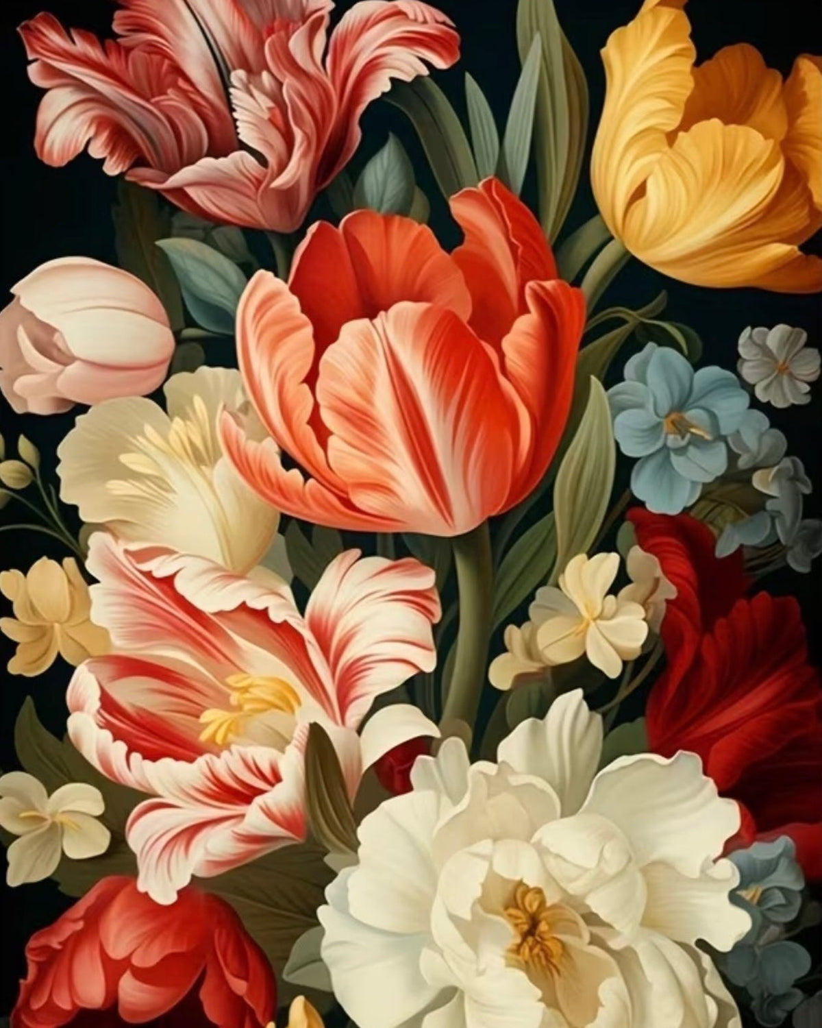 Tulips on Black, framed paint-by-numbers canvas