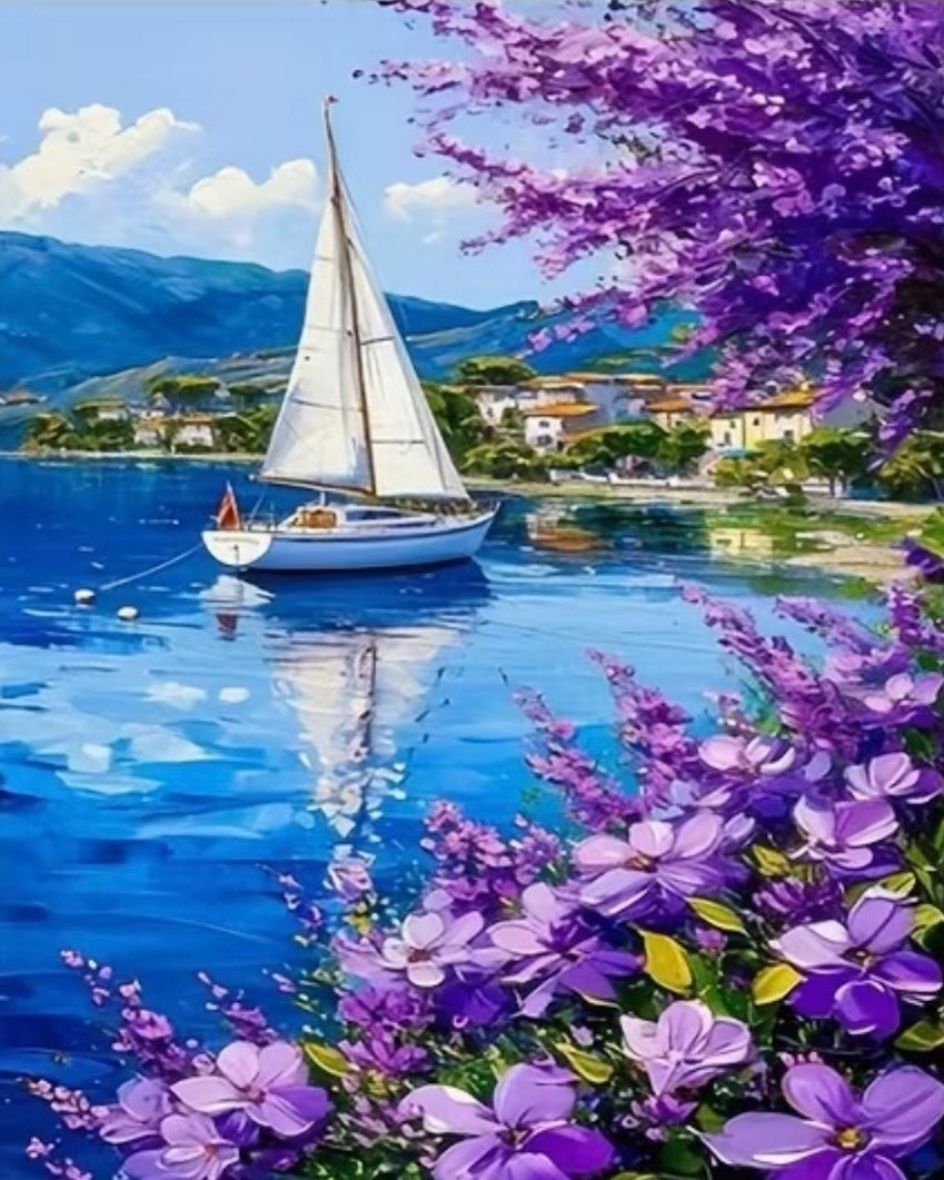 Sailboat Under Jacaranda, framed paint-by-numbers canvas