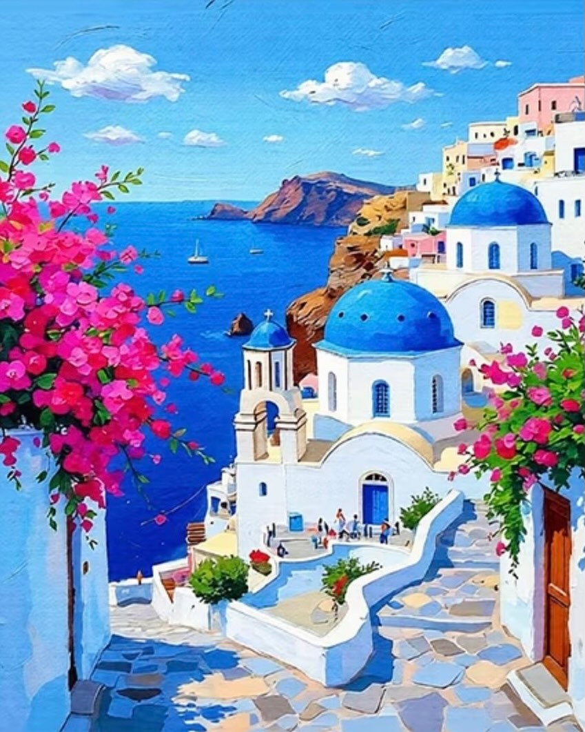The Blue Domes, framed paint-by-numbers canvas