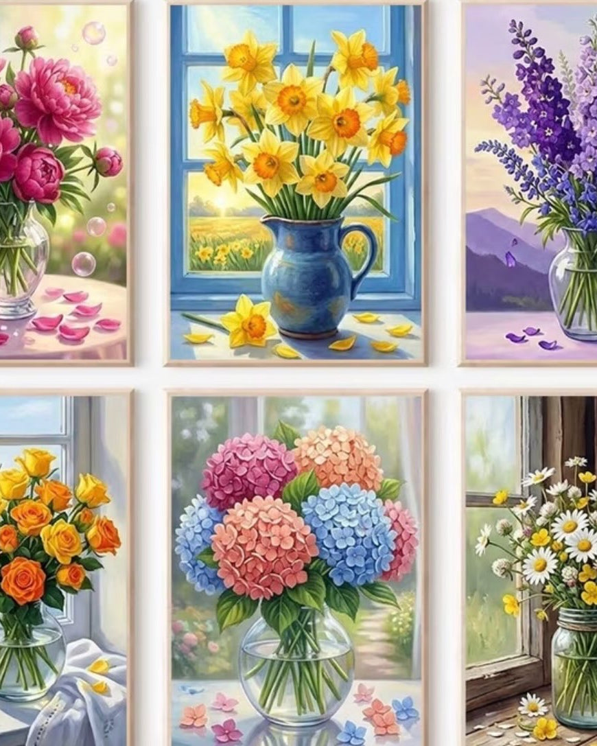 The Window Vases, framed paint-by-numbers canvas