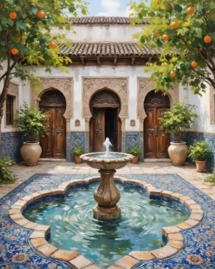 The Courtyard Fountain, framed paint-by-numbers canvas
