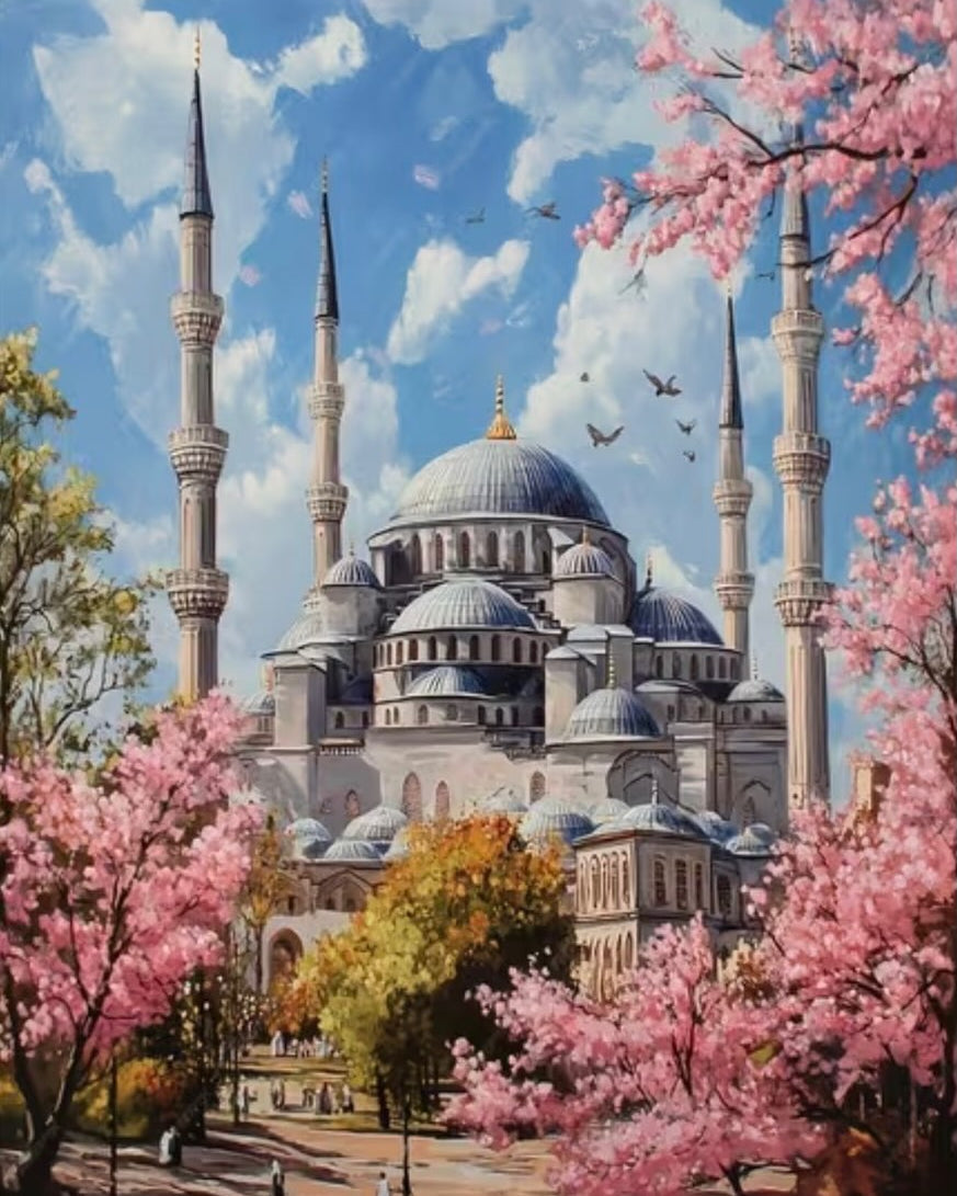 Minarets in Spring, framed paint-by-numbers canvas