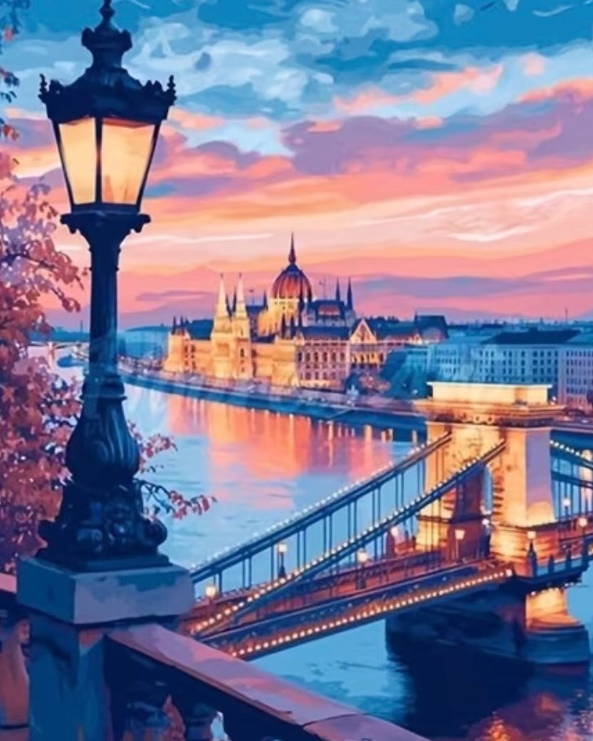 Chain Bridge at Dusk, framed paint-by-numbers canvas