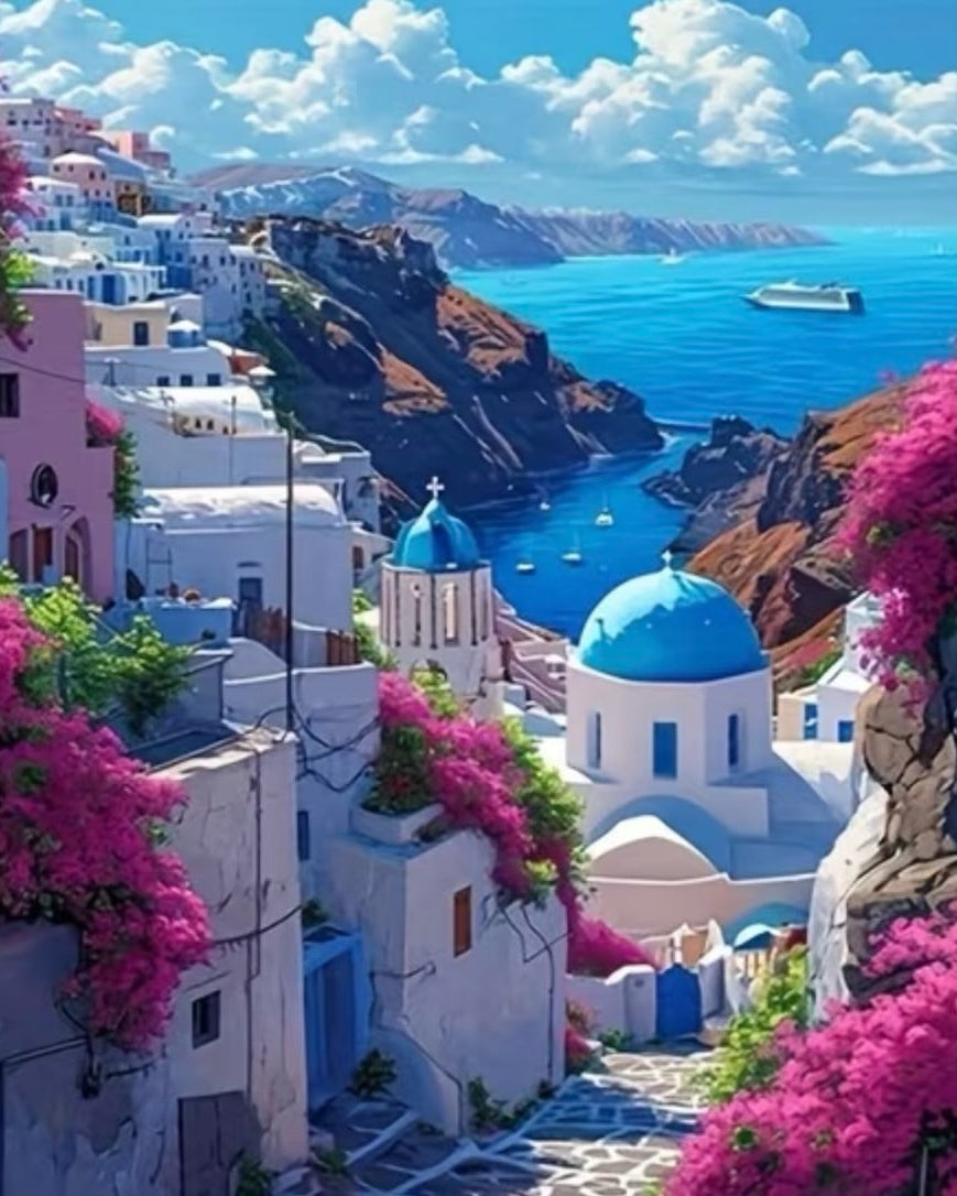 Bougainvillea on the Cliff, framed paint-by-numbers canvas