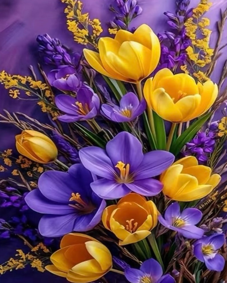 Crocus and Tulip, framed paint-by-numbers canvas